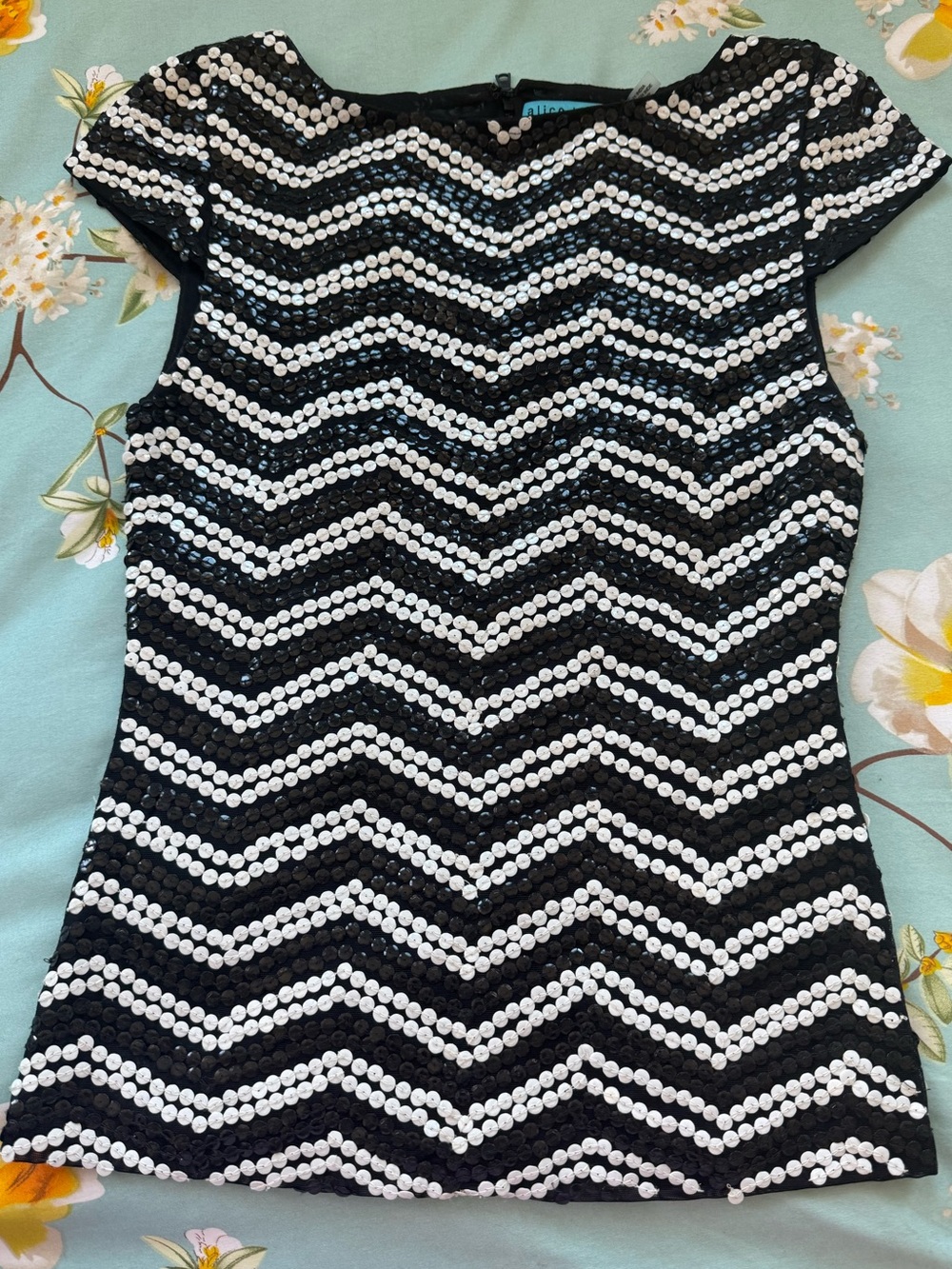 Alice + Olivia Black Sequin Top with White Accents XS